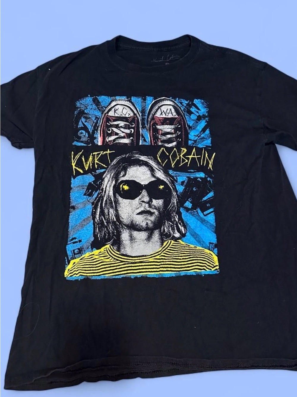 Kurt Cobain Graphic Tee - Black with Blue & Yellow Print - size Large